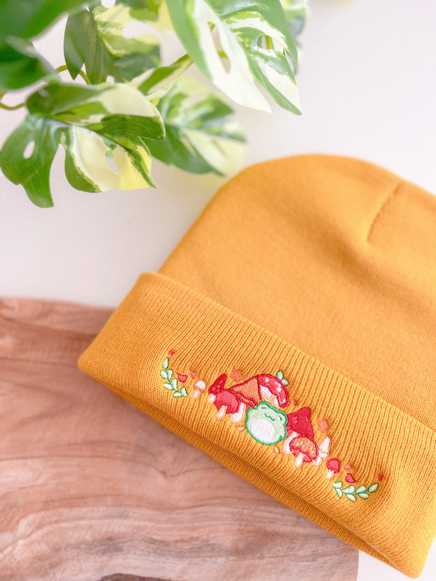 Embroidered Cozy Autumn Vibes Frog | Mustard Beanie | Kawaii Aesthetic Birthday Gift for Her | Christmas Present for Him | Miamouz