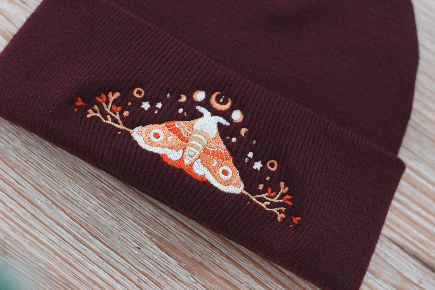 Cute Moon Moth Beanie | Dark Red Warm Beanie | Kawaii Aesthetic Birthday Gift for Her | Christmas Present for Him | Miamouz