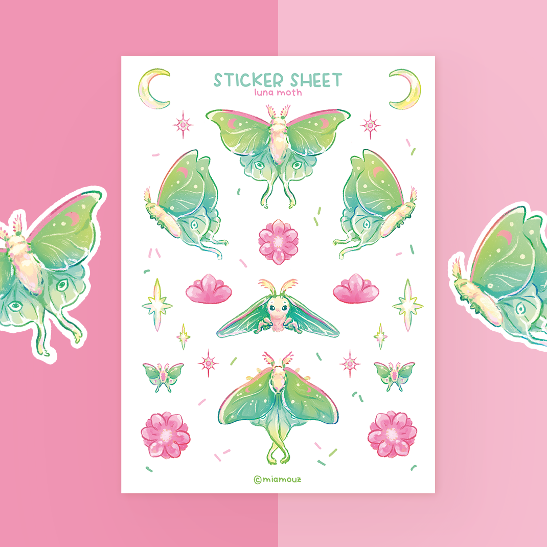 Luna Moth | A6 Glossy Sticker Sheet | Insect Stickers | Whimsical Planner Stickers | Stickersheet | Vinyl Sticker Sheet