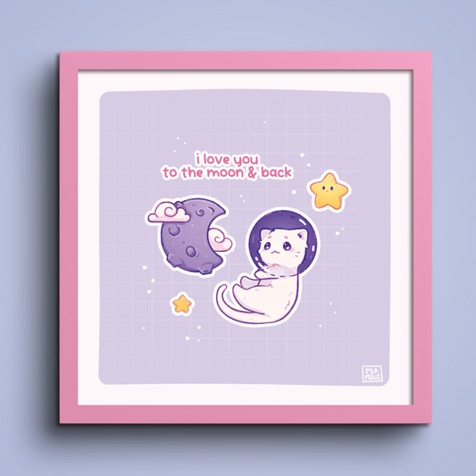 I Love You To The Stars 15x15 Art Print | Space Cat Pastel Square Art Print | Greeting Card | Linen Cardboard | Home Decor | Wall Art