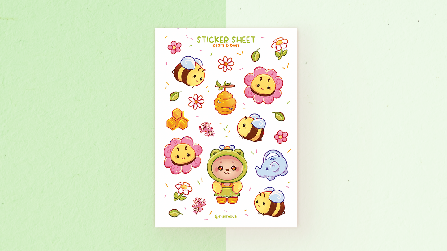 Bears and Bees | A6 Matte Sticker Sheet | Honey Stickers | Planner Stickers | Bee and Flowers Stickersheet | Vinyl Sticker Sheet