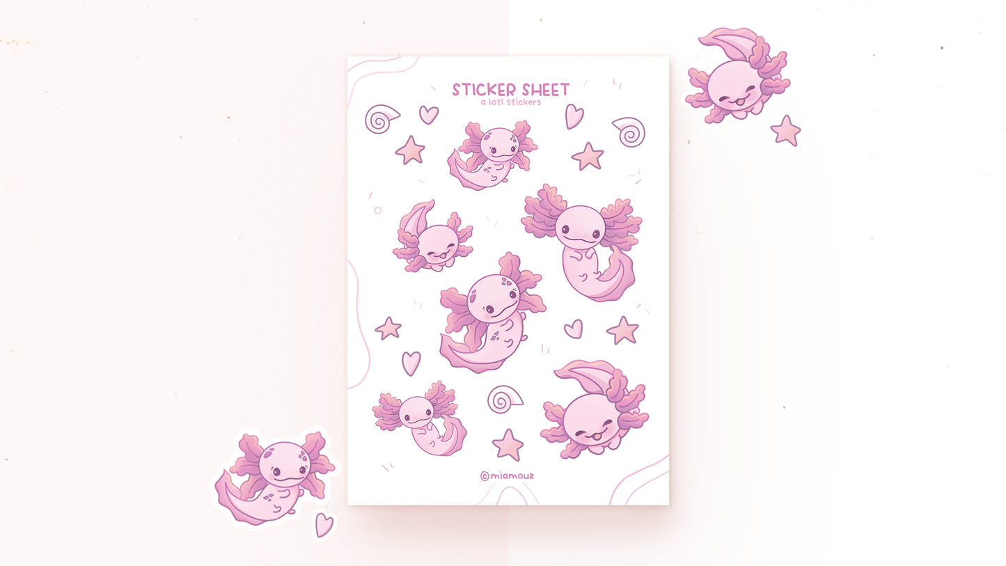 A Lotl Stickers | A6 matte or glossy Sticker Sheet | Axolotl Vinyl Sticker Sheet | Journaling | Children Illustration | Miamouz
