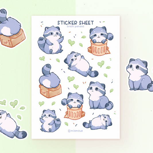Trash Pandas Stickers | A6 Matte Sticker Sheet | Racoon Sticker | Cute Vinyl Sticker Sheet | Journaling | Children Illustration