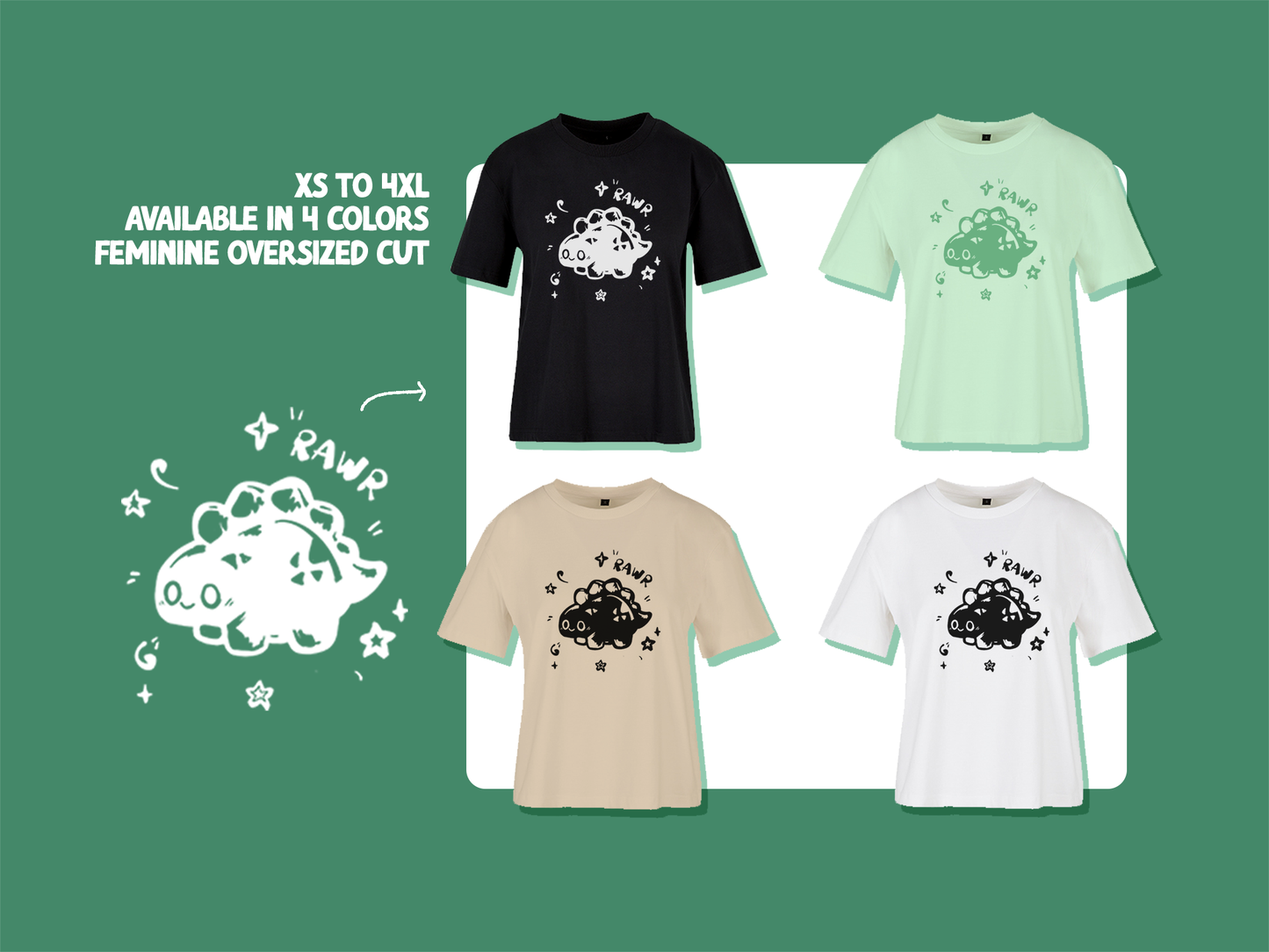 Rawr Dinosaurier T-Shirt | Übergroßer femininer Schnitt | Handbedrucktes T-Shirt | Miamouz