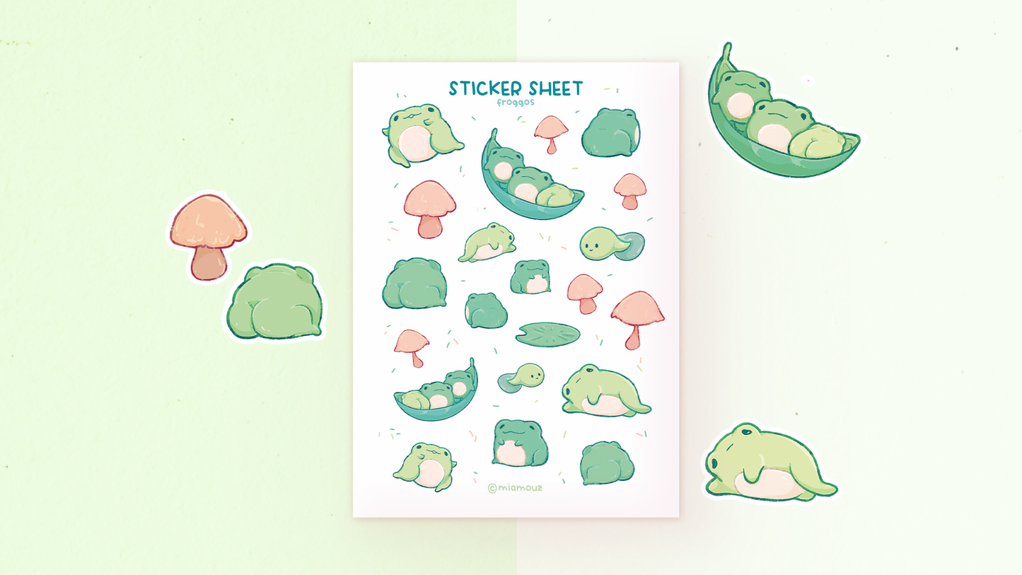 Froggos Stickers | A6 Matte Sticker Sheet | Frog Sticker | Cute Vinyl Sticker Sheet | Journaling | Children Illustration