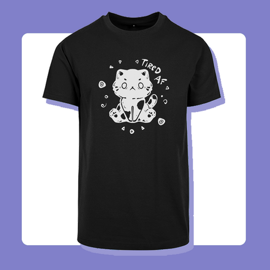 Last Piece M Tired AF Cat Thick Fabric T-Shirt | Oversized Unisex Cut | Handprinted Tshirt | Miamouz