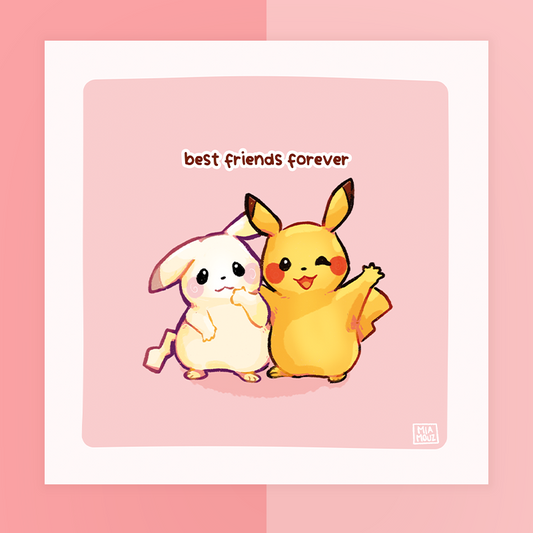 Best Friends Forever 15x15 Art Print | Kawaii Island Friends Square Art Print | Inspired Art Greeting Card | Linen Cardboard | Little Monsters Home Decor | Wall Art
