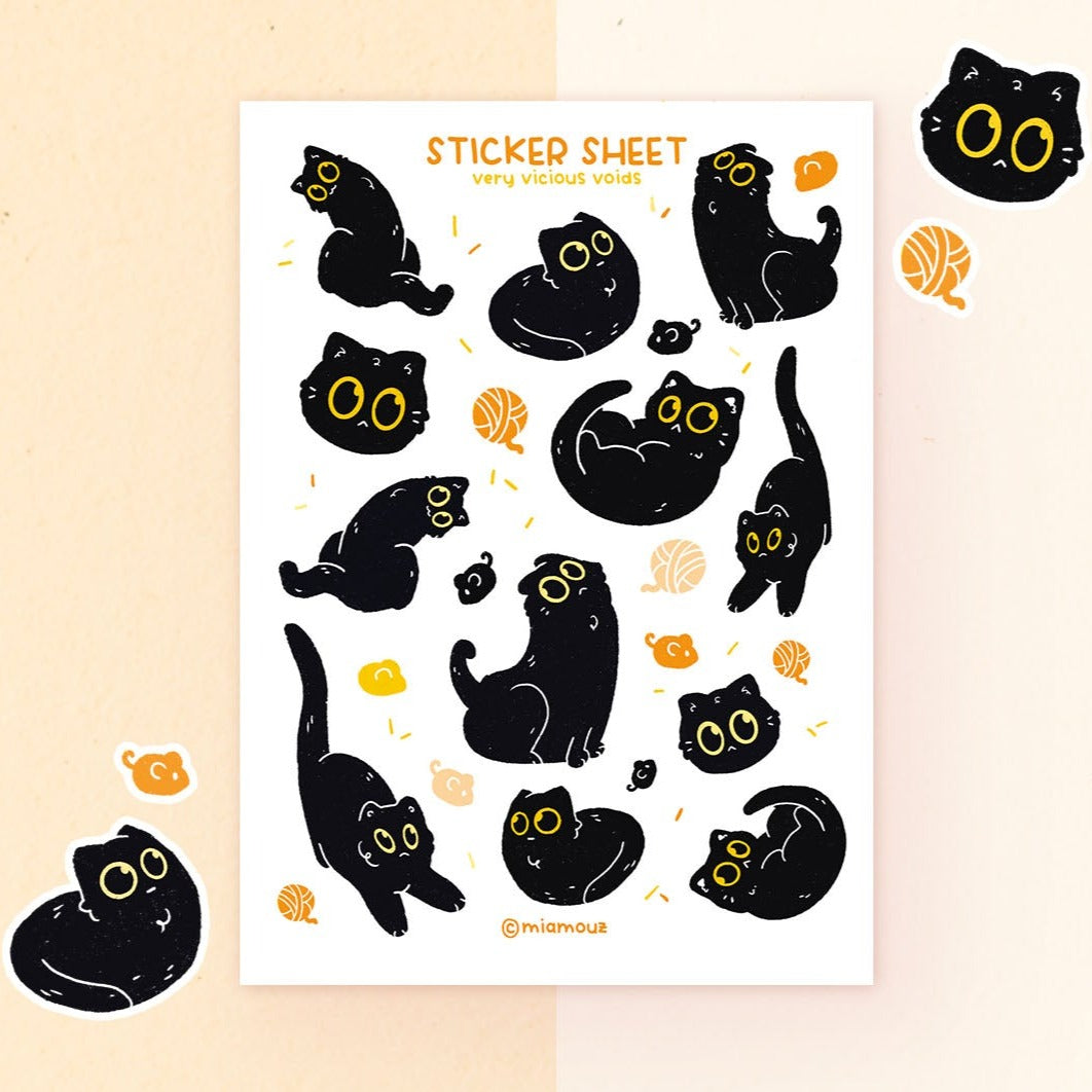 Very Vicious Voids Stickers | A6 Matte Sticker Sheet | Black Cat Sticker | Kitty Vinyl Sticker Sheet | Journaling | Children Illustration