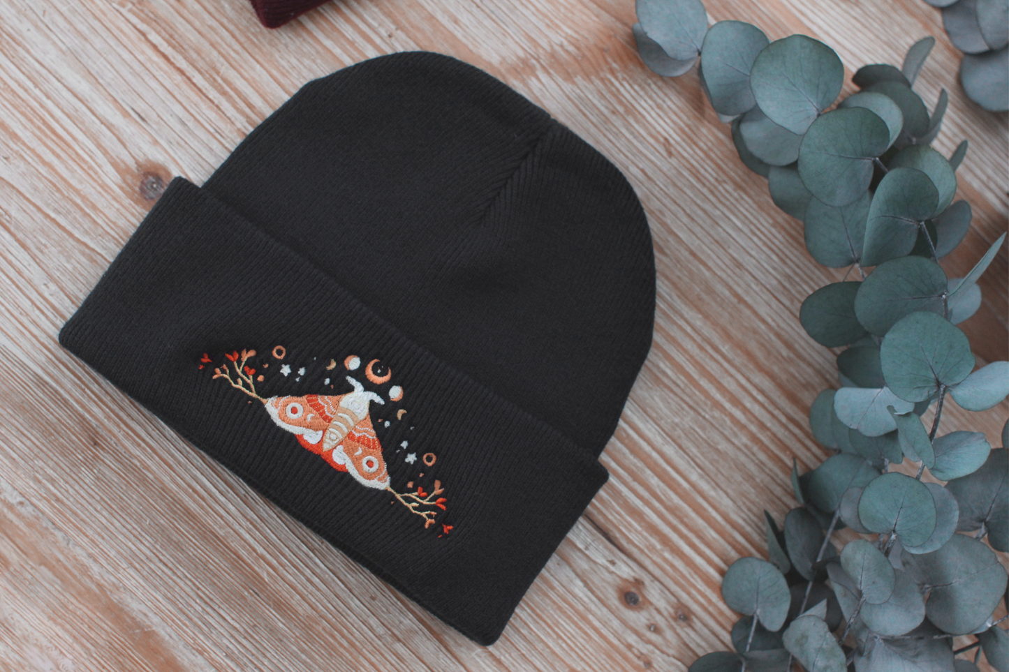 Cute Moon Moth Winter Hat | Black Warm Beanie | Kawaii Aesthetic Birthday Gift for Her | Christmas Present for Him | Miamouz