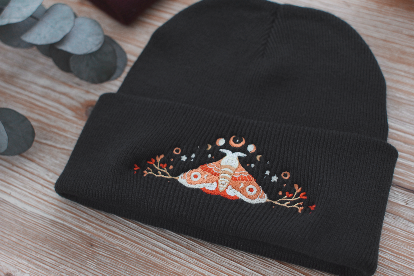 Cute Moon Moth Winter Hat | Black Warm Beanie | Kawaii Aesthetic Birthday Gift for Her | Christmas Present for Him | Miamouz
