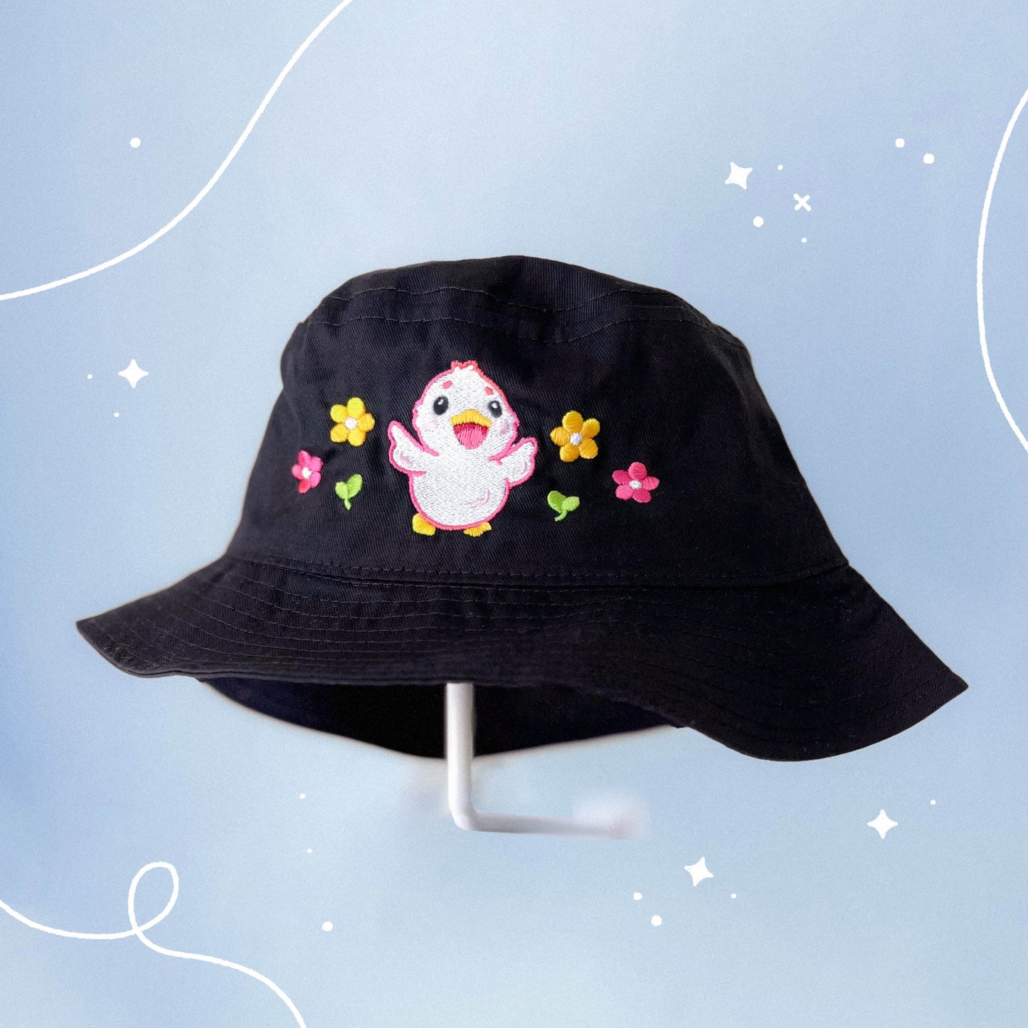 Flower Duck Bucket Hat | Black Y2K Fashion | Kawaii Aesthetic Birthday Gift for Her | Christmas Present for Him | Cute Accessories