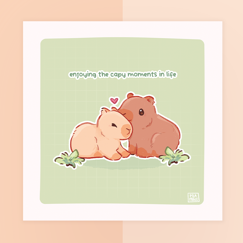 Enjoying The Capy Moments In Life 15x15 Art Print | Kawaii Capybara Square Art Print | Greeting Card | Linen Cardboard | Home Decor | Wall Art