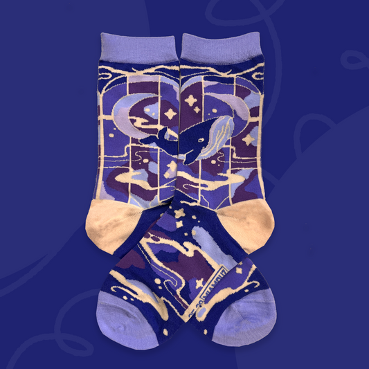 Celestial Whale Socks | Stained Glass Window Colorful Cute Funny Sock | Handmade by Artist | Kawaii Birthday Gift for Her | Christmas Present for Him