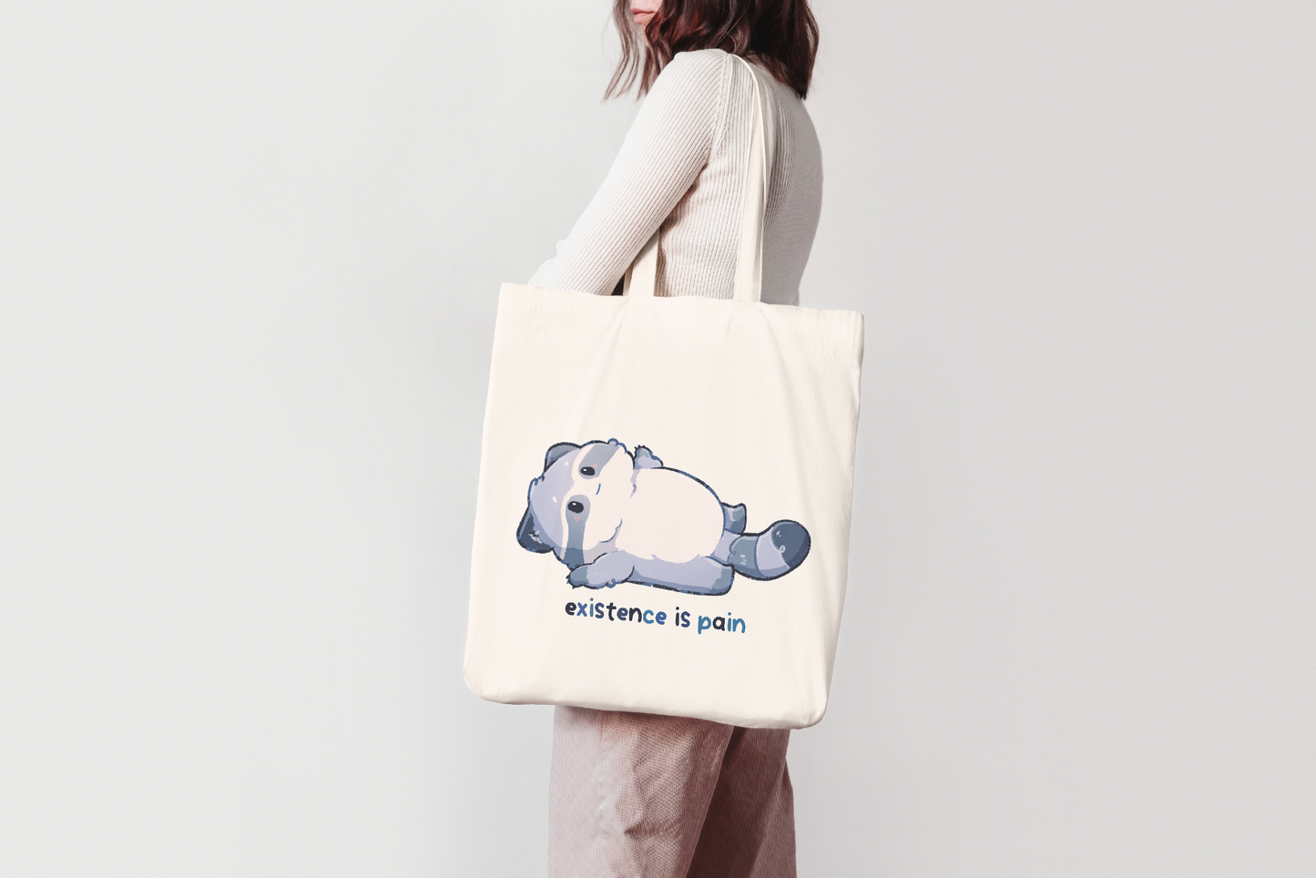 Existence Is Pain | Cute Racoon Tote Bag 100% Cotton | Shopping Bag | Jute Bag | Art Purse | Trash Panda Lovers | Miamouz