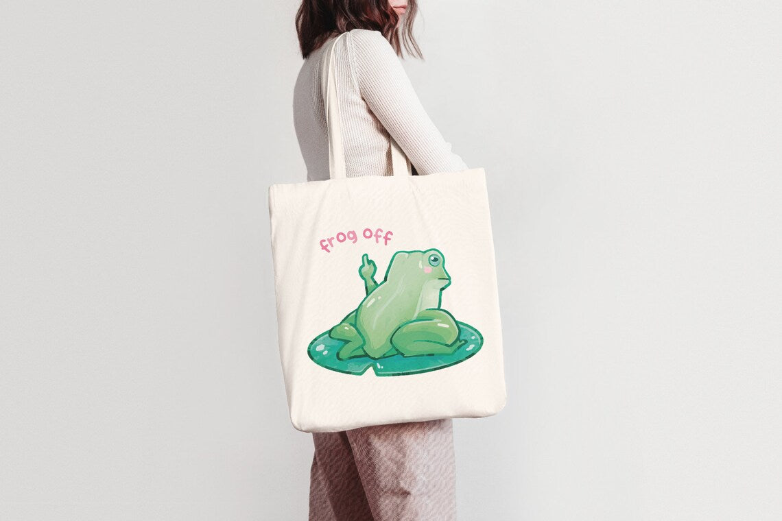 Frog Off | Cute Frog Tote Bag 100% Cotton | Shopping Bag | Jute Bag | Art Purse | Toad Lovers | Miamouz