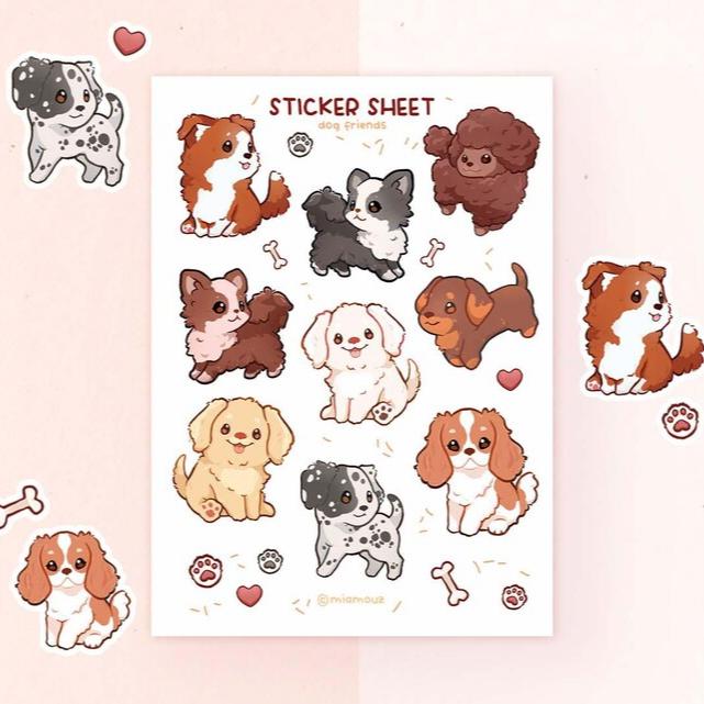 Dog Friends | A6 Matte Sticker Sheet | Border Collie Chihuahua Dachshund Golden Retriever Dalmatian Spaniel Sticker | Vinyl Sticker Sheet