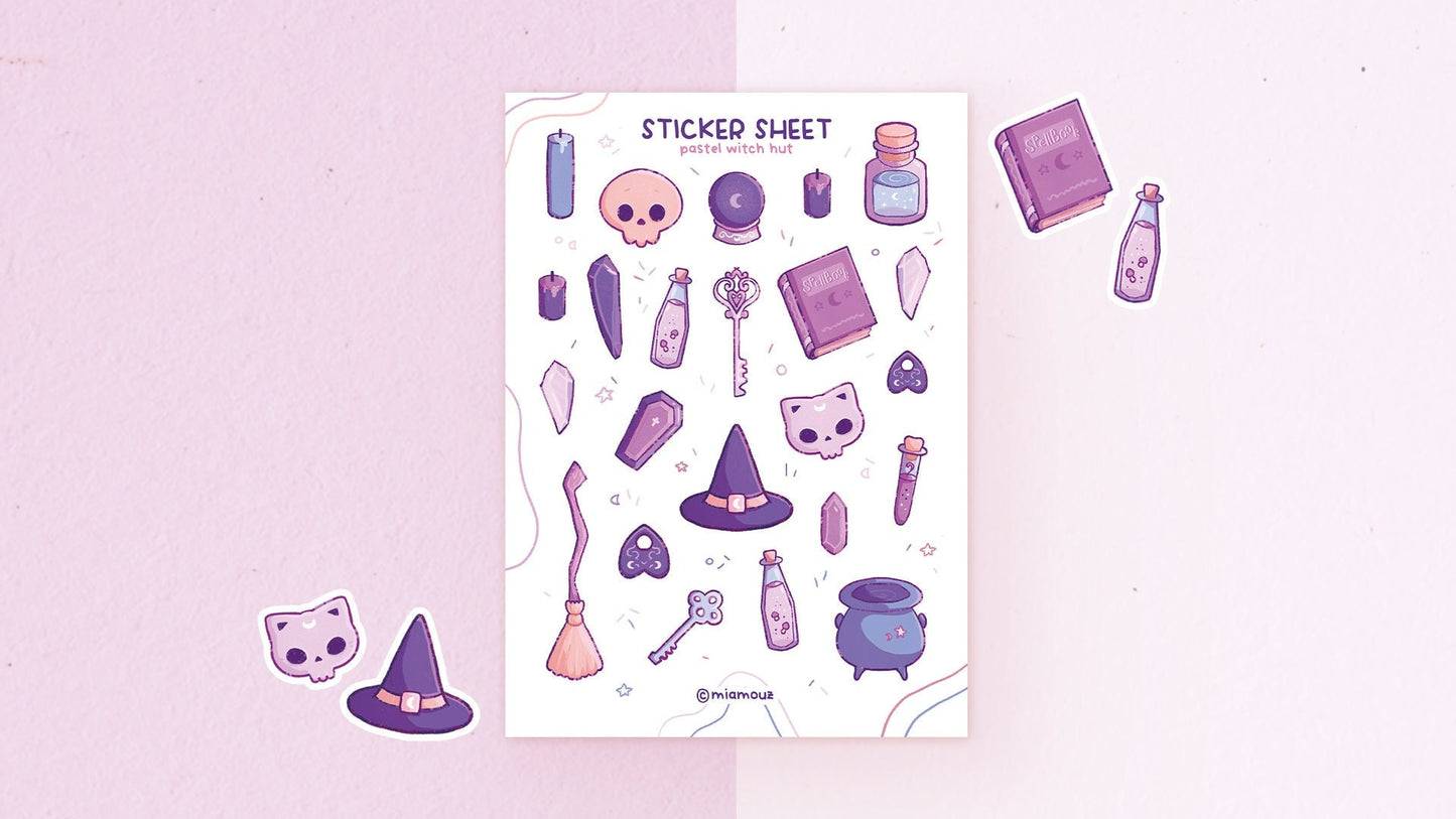 Pastel Witch Hut Stickers | A6 Matte Or Glossy Sticker Sheet | Witchcraft Vinyl Sticker Sheet | Journaling | Children Illustration | Miamouz