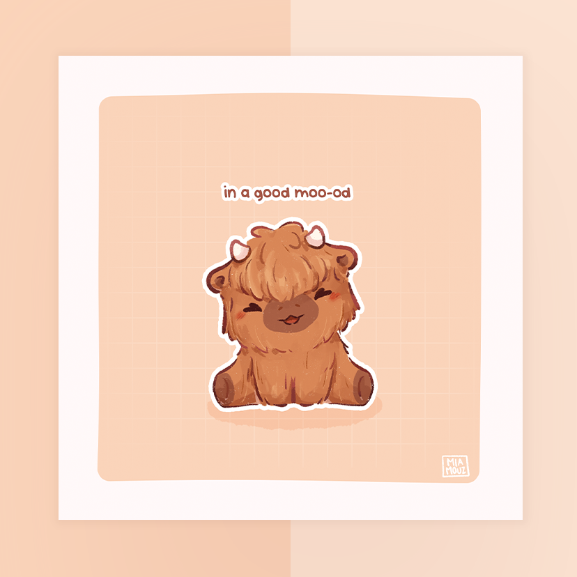 In A Good Moo-od 15x15 Art Print | Kawaii Highland Cow Square Art Print | Greeting Card | Linen Cardboard | Home Decor | Wall Art