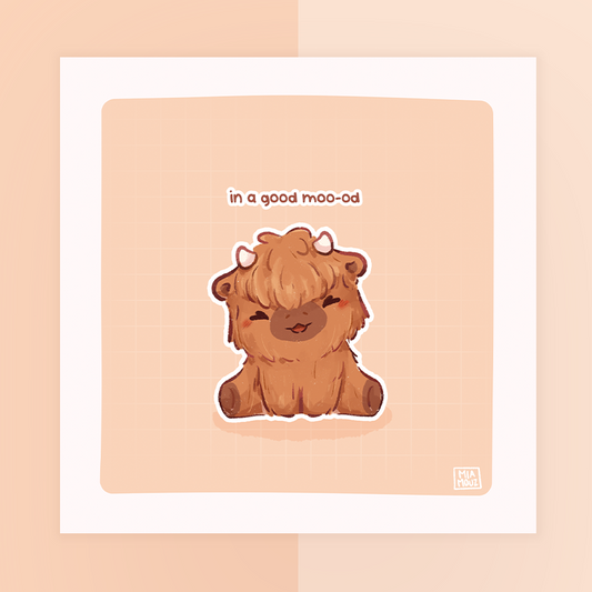 In A Good Moo-od 15x15 Art Print | Kawaii Highland Cow Square Art Print | Greeting Card | Linen Cardboard | Home Decor | Wall Art