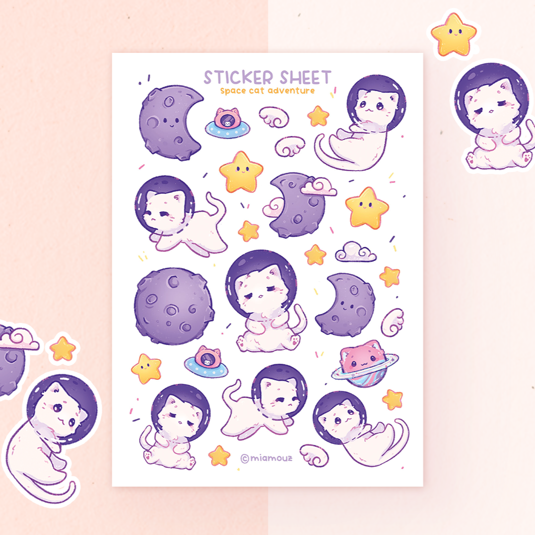 Space Cat Adventure Stickers | A6 Matte Sticker Sheet | Cat Sticker | Kitty Vinyl Sticker Sheet | Journaling | Children Illustration