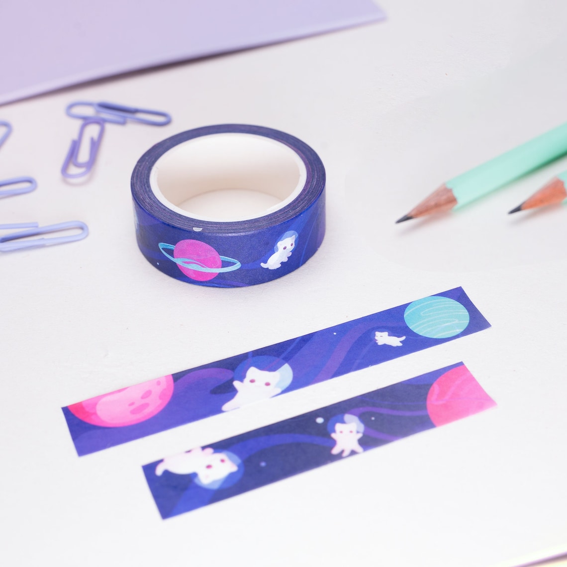 Cats In Space Washi Tape | 10m x 15mm Roll | Artist Masking Tape | Decorative Planner Tape | Kawaii Calendars Journal Stationery | Miamouz