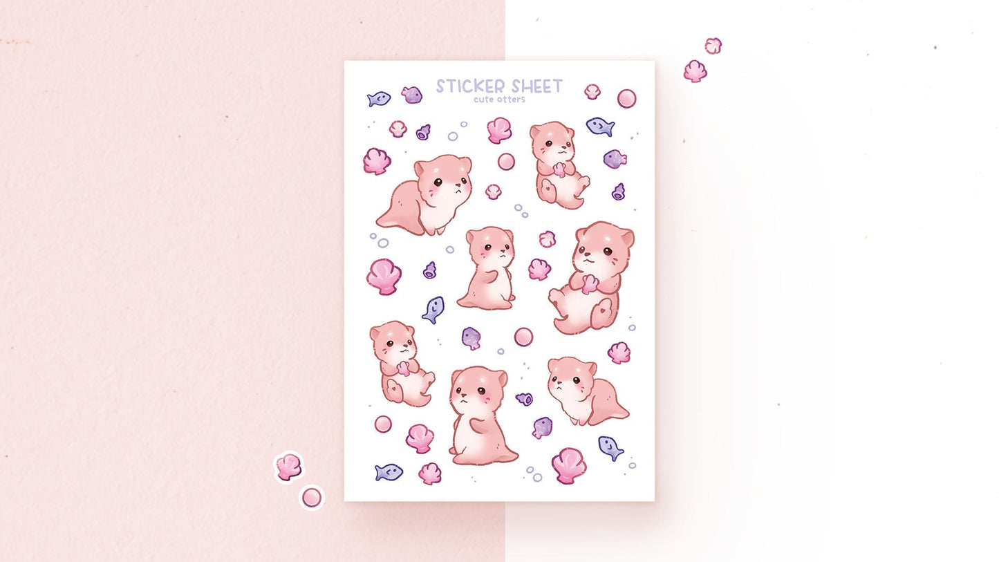 Cute Otters Stickers | A6 matte or glossy Sticker Sheet | Otter Vinyl Sticker Sheet | Journaling | Children Illustration | Miamouz