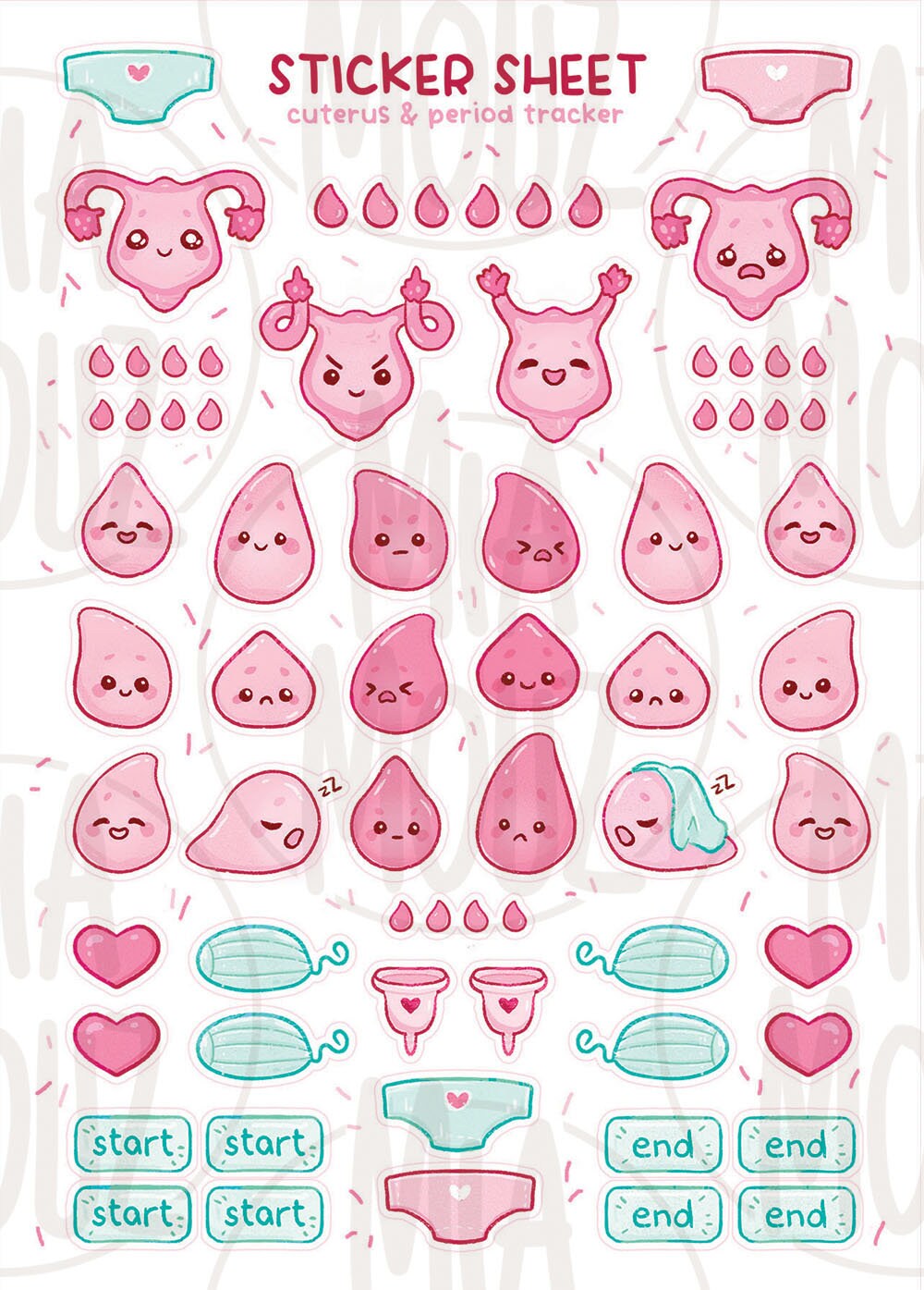 Cuterus & Period Tracker Stickers | A6 Matte & Glossy Sticker Sheet | Menstrual Cycle Vinyl Sticker Sheet | Journaling | Miamouz