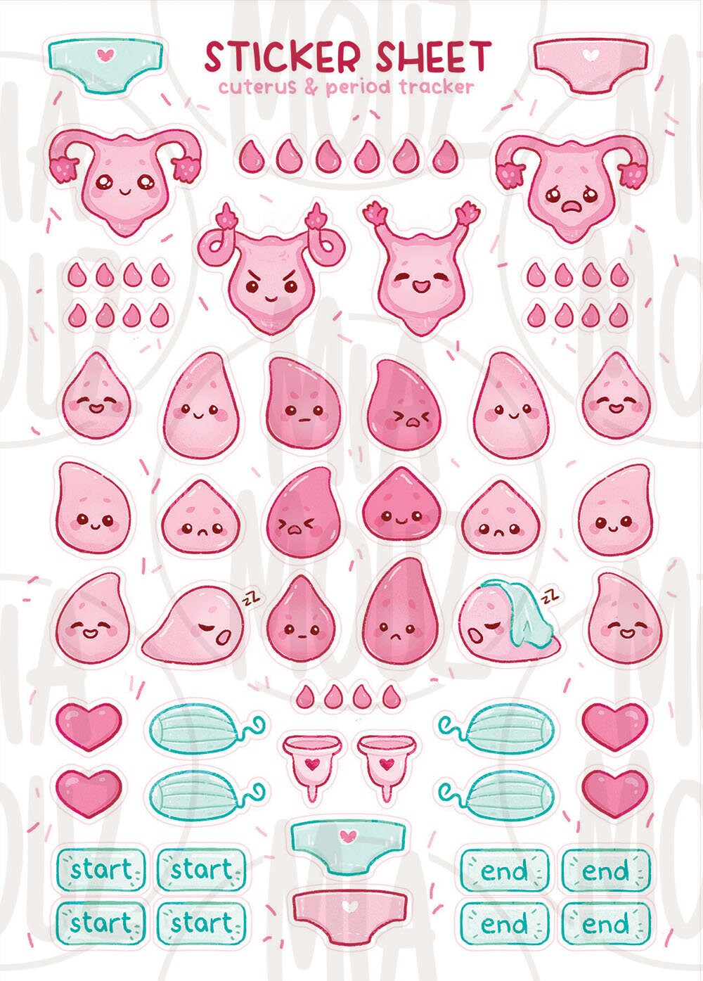 cuterus & period tracker stickers | a6 matte & glossy sticker sheet |  menstrual cycle vinyl sticker sheet | journaling | miamouz