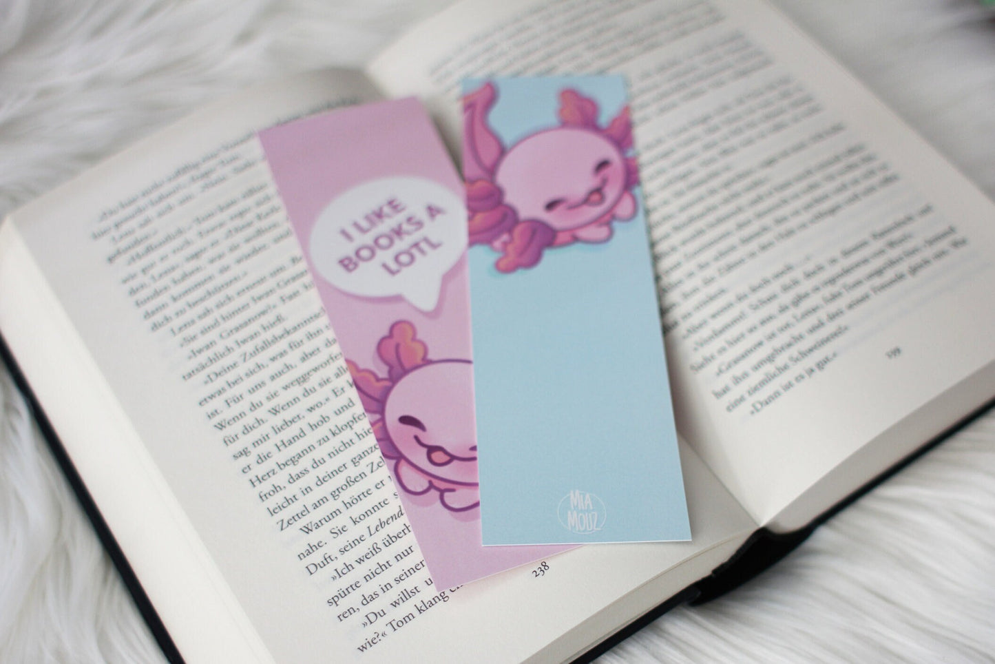 Axolotl Bookmark | I Like Books A Lotl | Pink & Blue Reading Accessoiries | Sharp and Rounded Corners | Miamouz