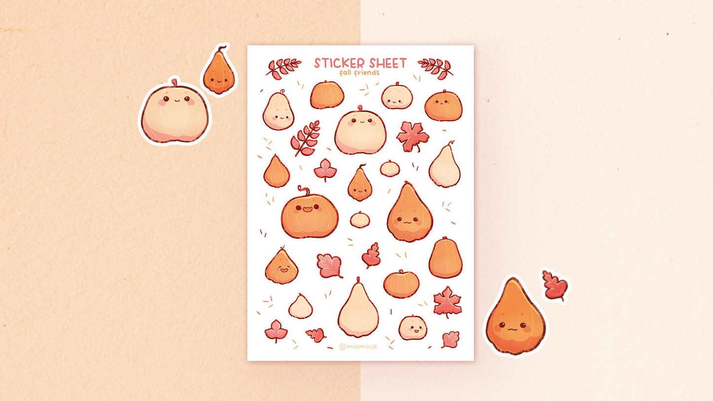 Fall Friends Stickers | A6 Matte Sticker Sheet | Pumpkin Vinyl Sticker Sheet | Journaling | Children Illustration | Miamouz
