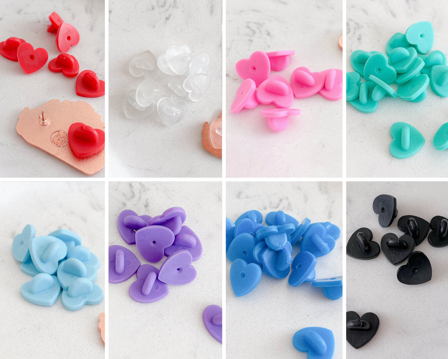 6 Heart Shaped Rubber Pin Backs Clutches, Different Colors